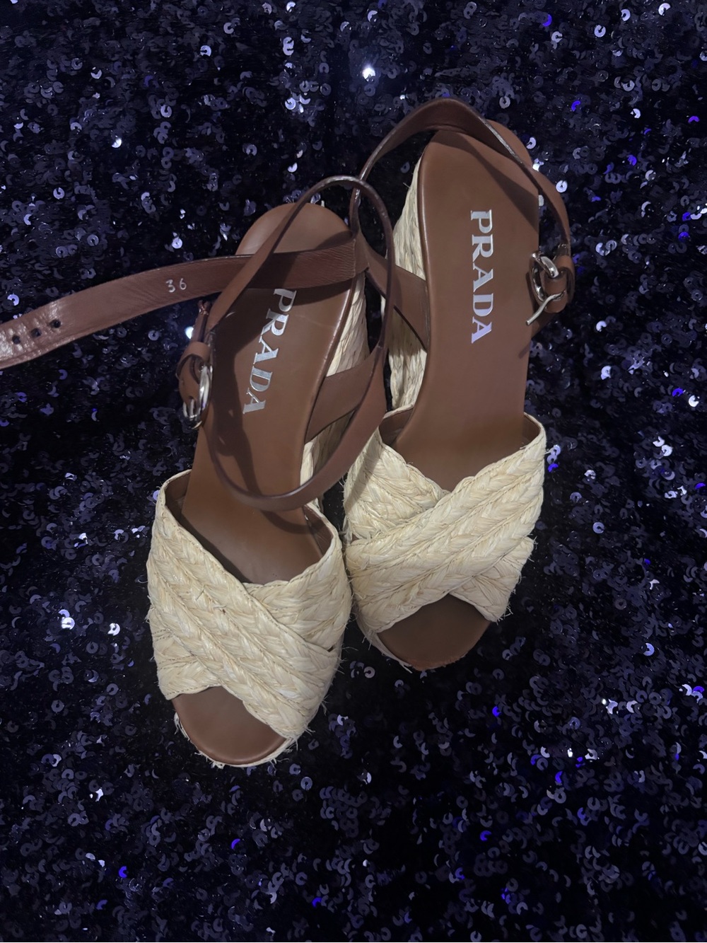 Prada Crisscross Raffia Wedge High Heel Sandal - Picture 7 of 10